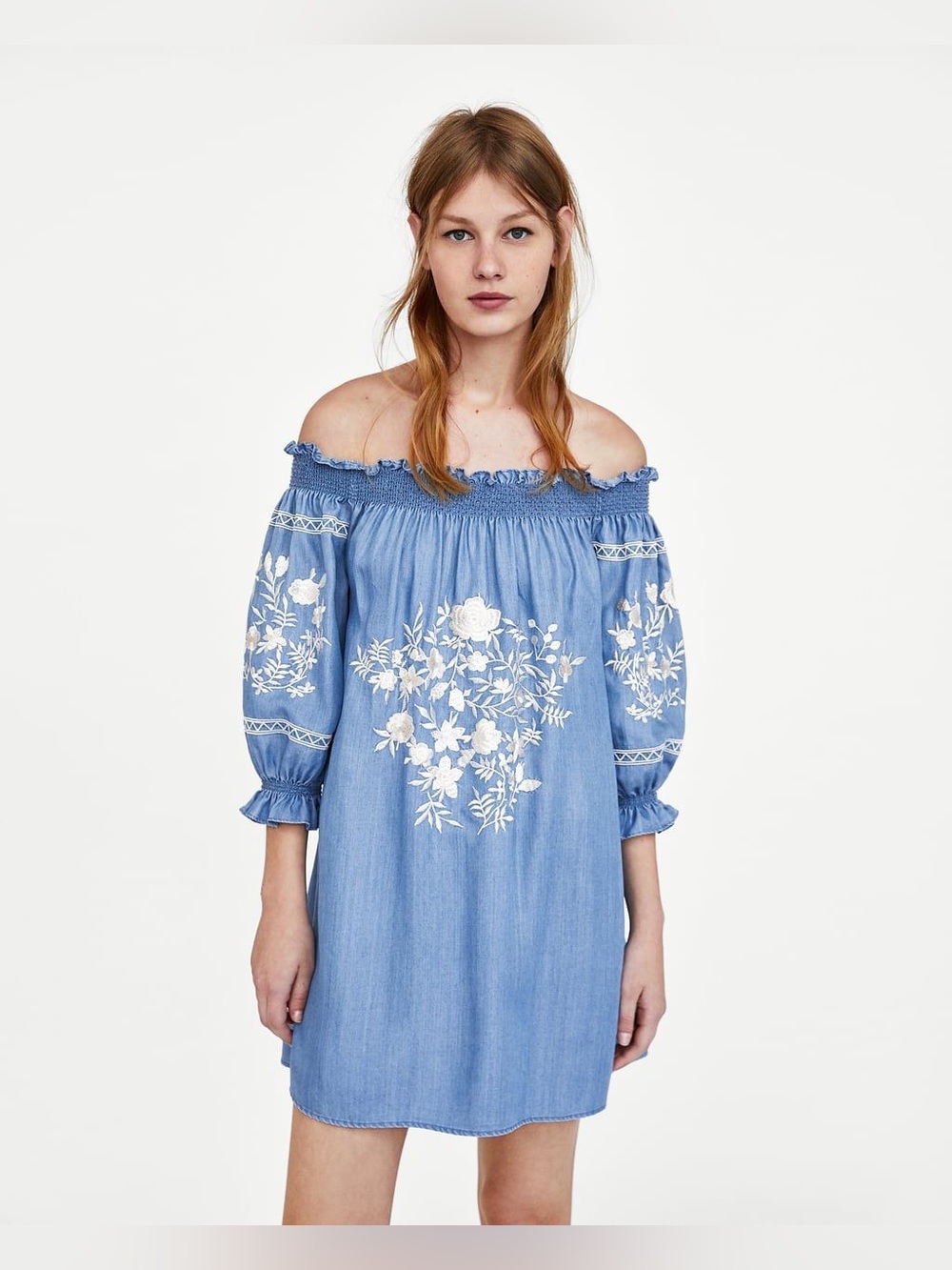 Zara Embroidered Denim Off-the-Shoulder Mini Dress